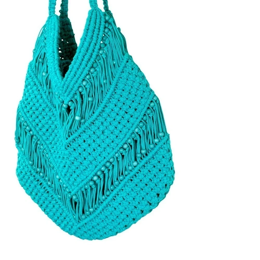 Macrame Shoulder Bag Aqua Beaded Boho Hippie Summer made in India